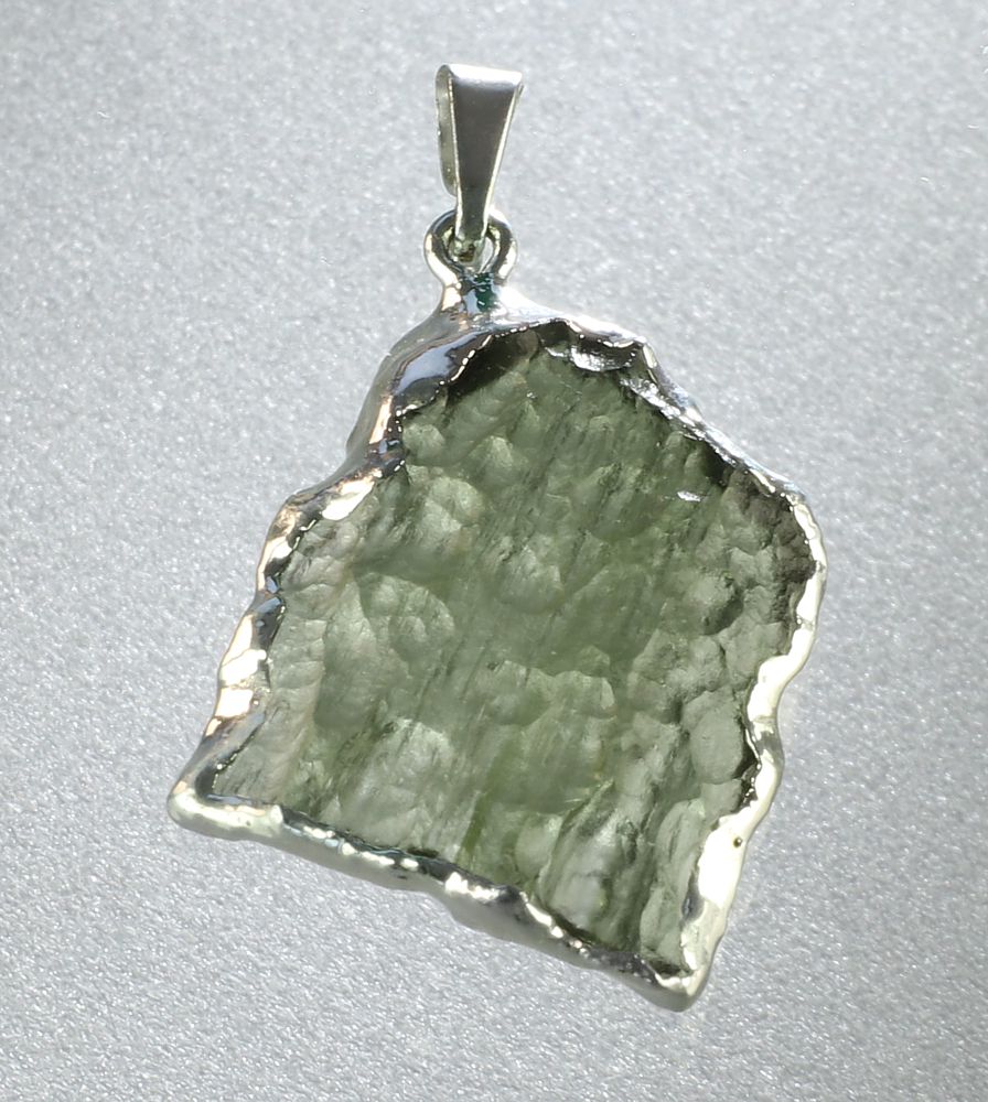 Moldavite pendant, silver-coated edge