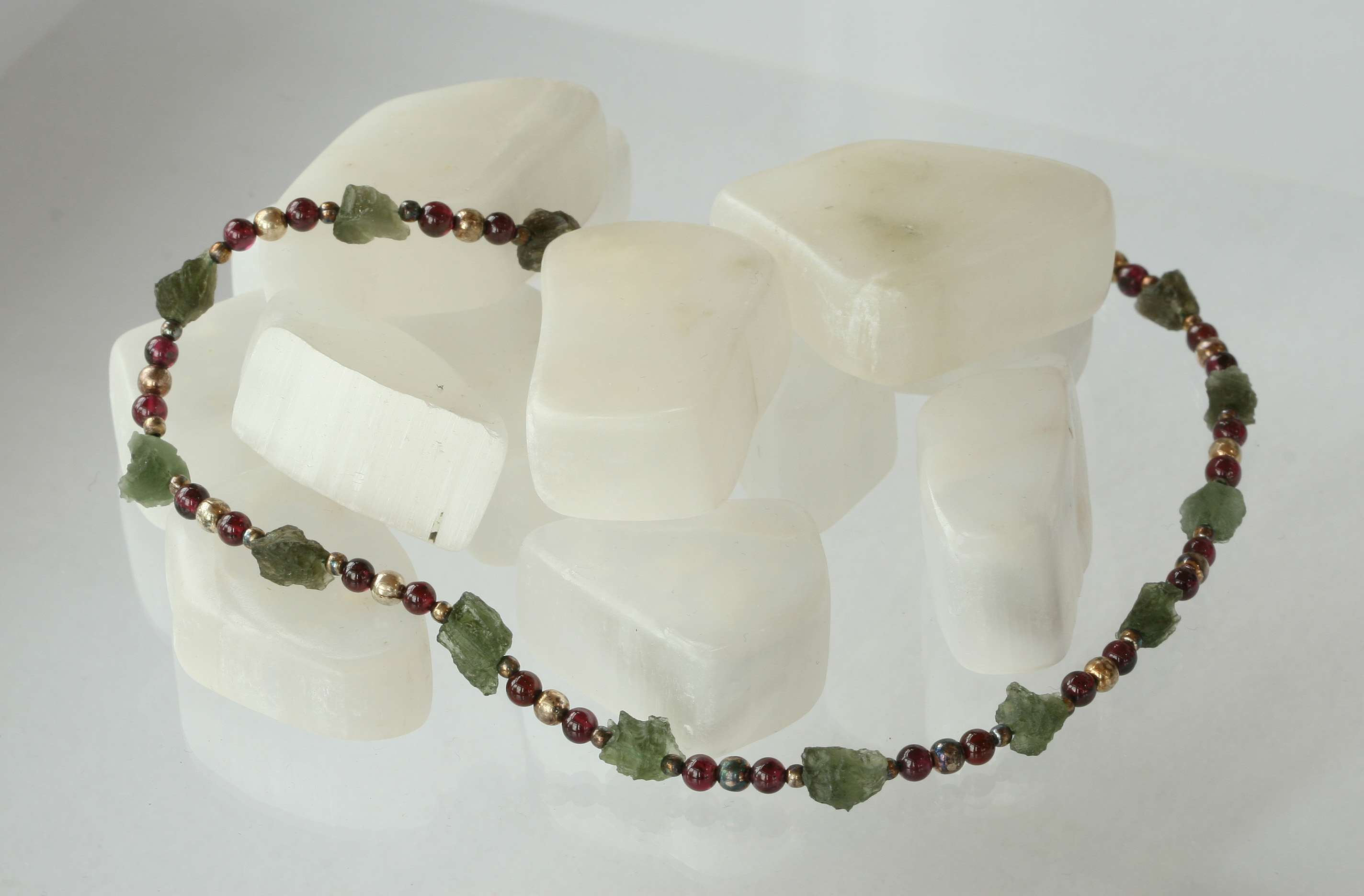 Moldavite necklace with garnet and silver