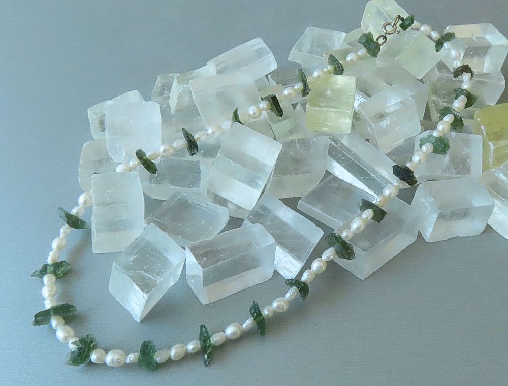 Moldavite necklace with Freshwater Pearls