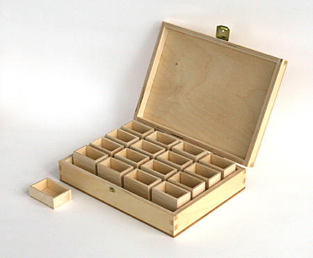 Wooden box S, filled with 16 small boxes