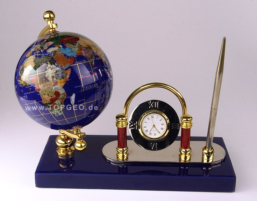 Semi precious gemstone globe with clock