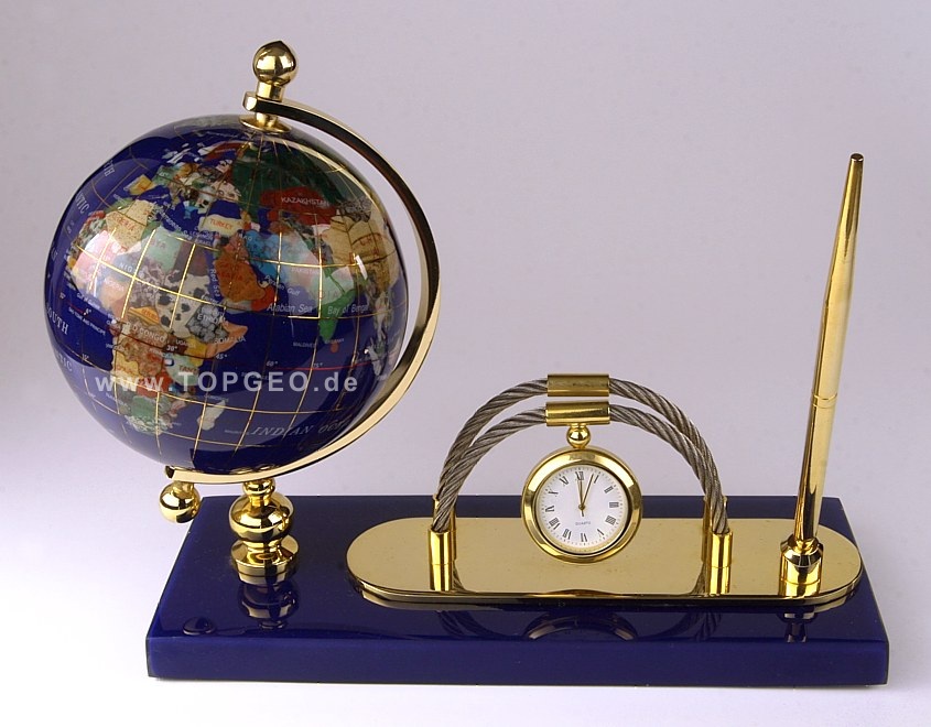 Semi precious gemstone globe with clock