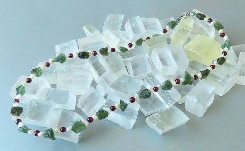 Moldavite Necklace with Freshwater Pearls