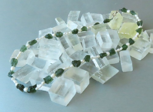 Moldavite necklace with Freshwater Pearls