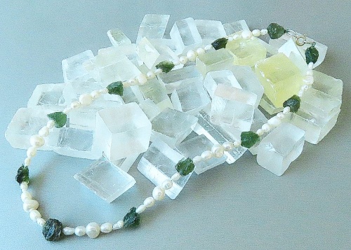 Moldavite necklace with Freshwater Pearls