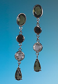 Silver Earrings, Moldavite, Libyan Desert Glass and Black Tektite