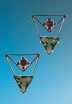 Silver Earrings, Moldavite and Garnet, 